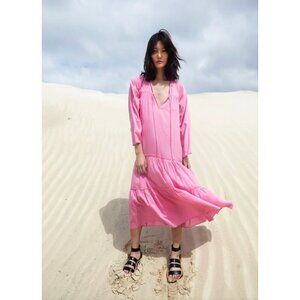 Apiece Apart Atlas Pink Cotton Midi Dress Long Sleeve Tiered Size 4